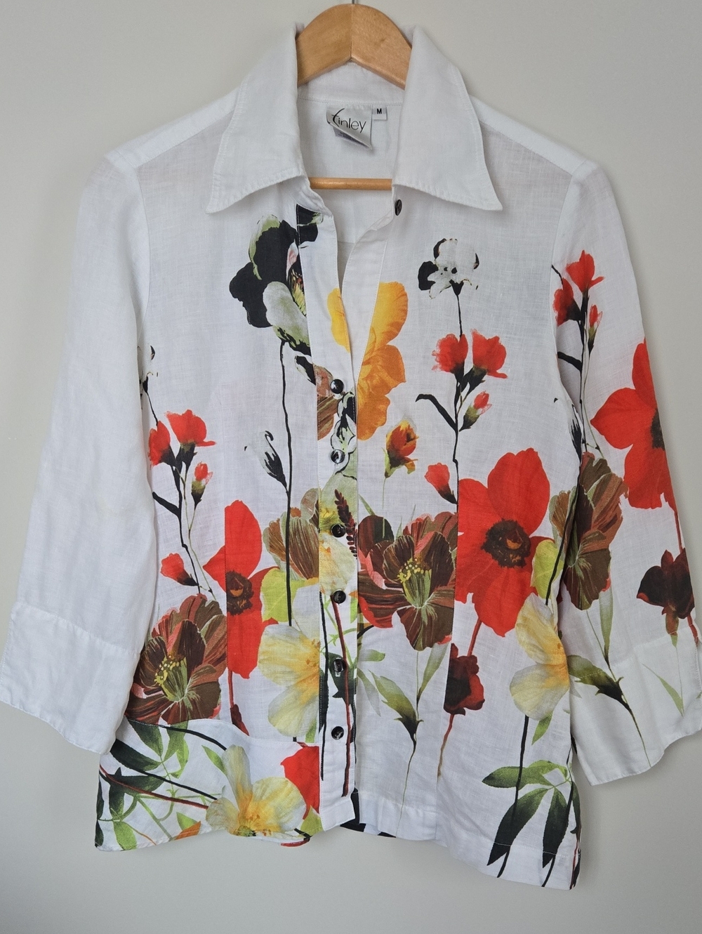 Finley White Button-Front Shirt with Red, Yellow & Green Floral Print